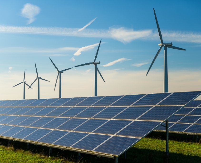 Wind turbine and solar panels energy generators on wind farm