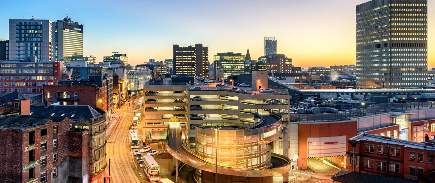 Commercial and industrial scaffolding at Newcastle Quayside during twilight